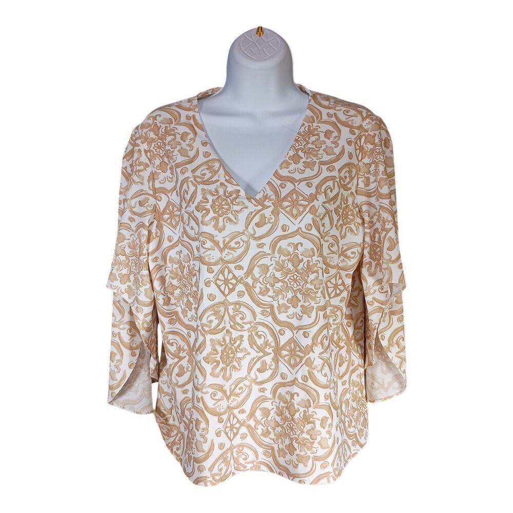 Jude Connally Daniella Top Tunic Painted Tile Sand White Beige V-Neck Small